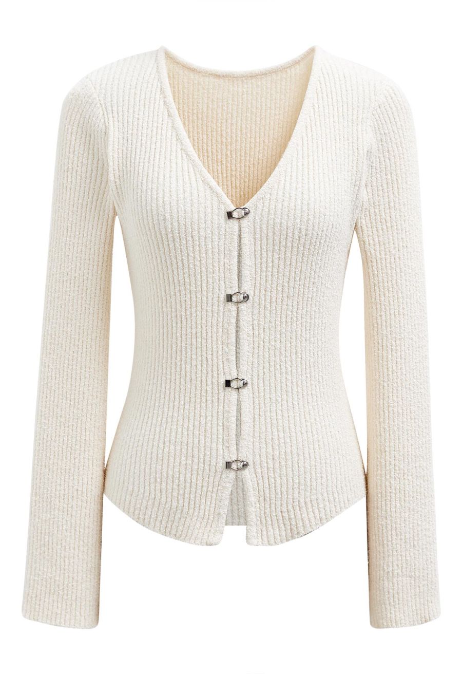Hook Fastening Ribbed Knit Cardigan in Cream