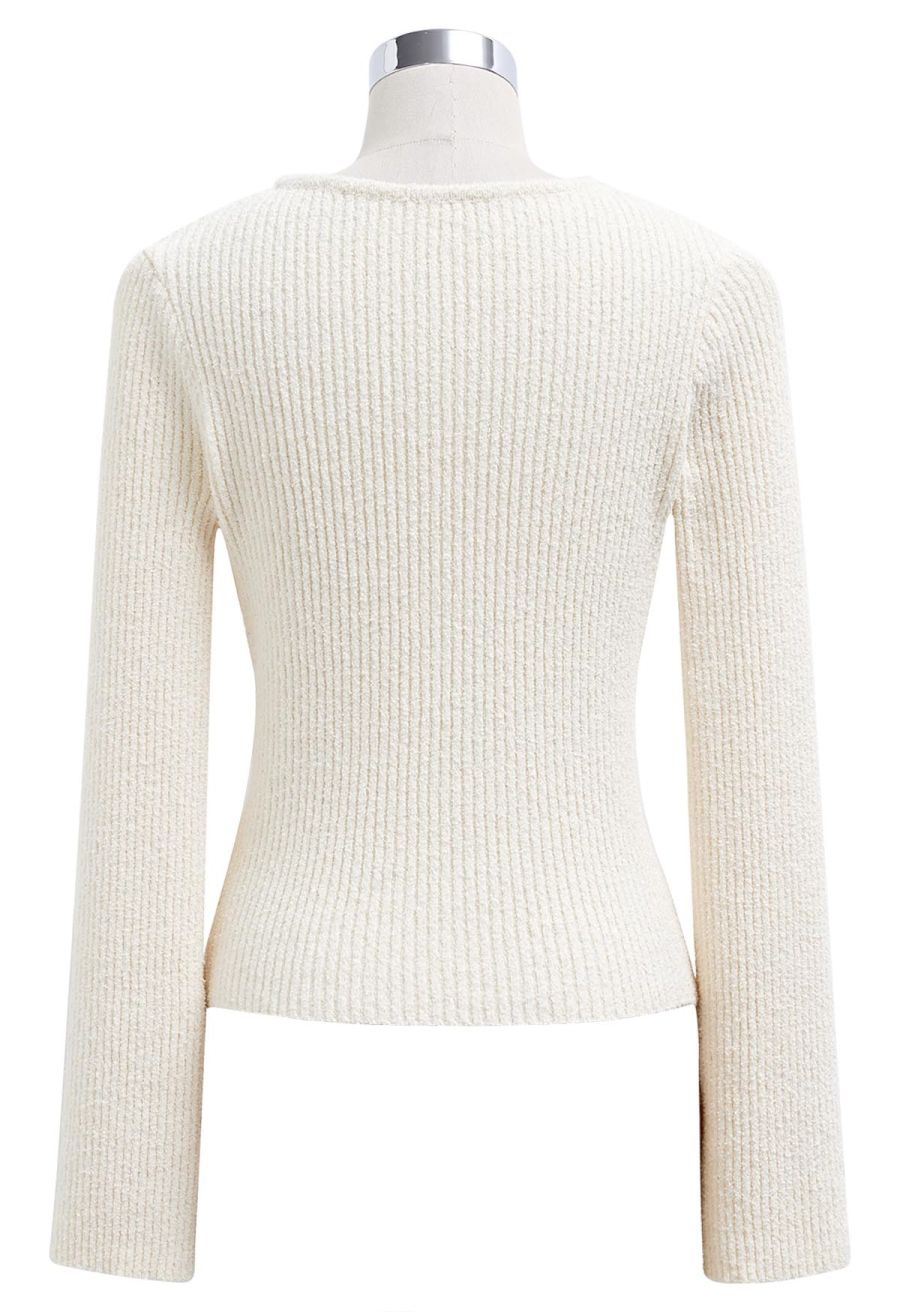 Hook Fastening Ribbed Knit Cardigan in Cream