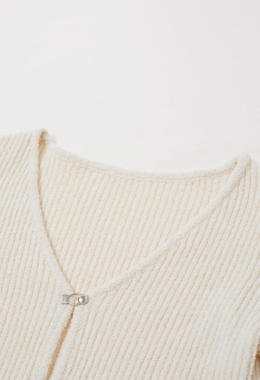 Hook Fastening Ribbed Knit Cardigan in Cream