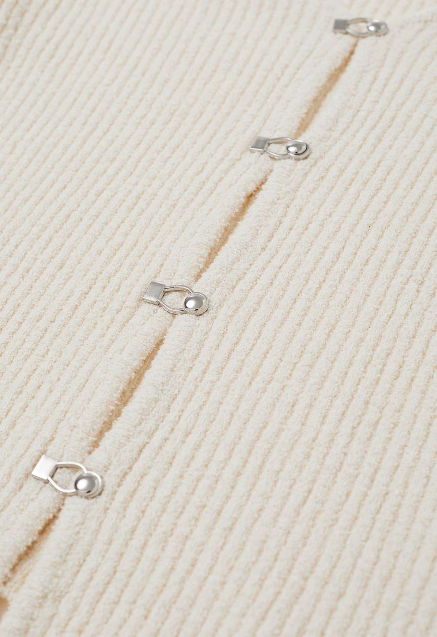 Hook Fastening Ribbed Knit Cardigan in Cream