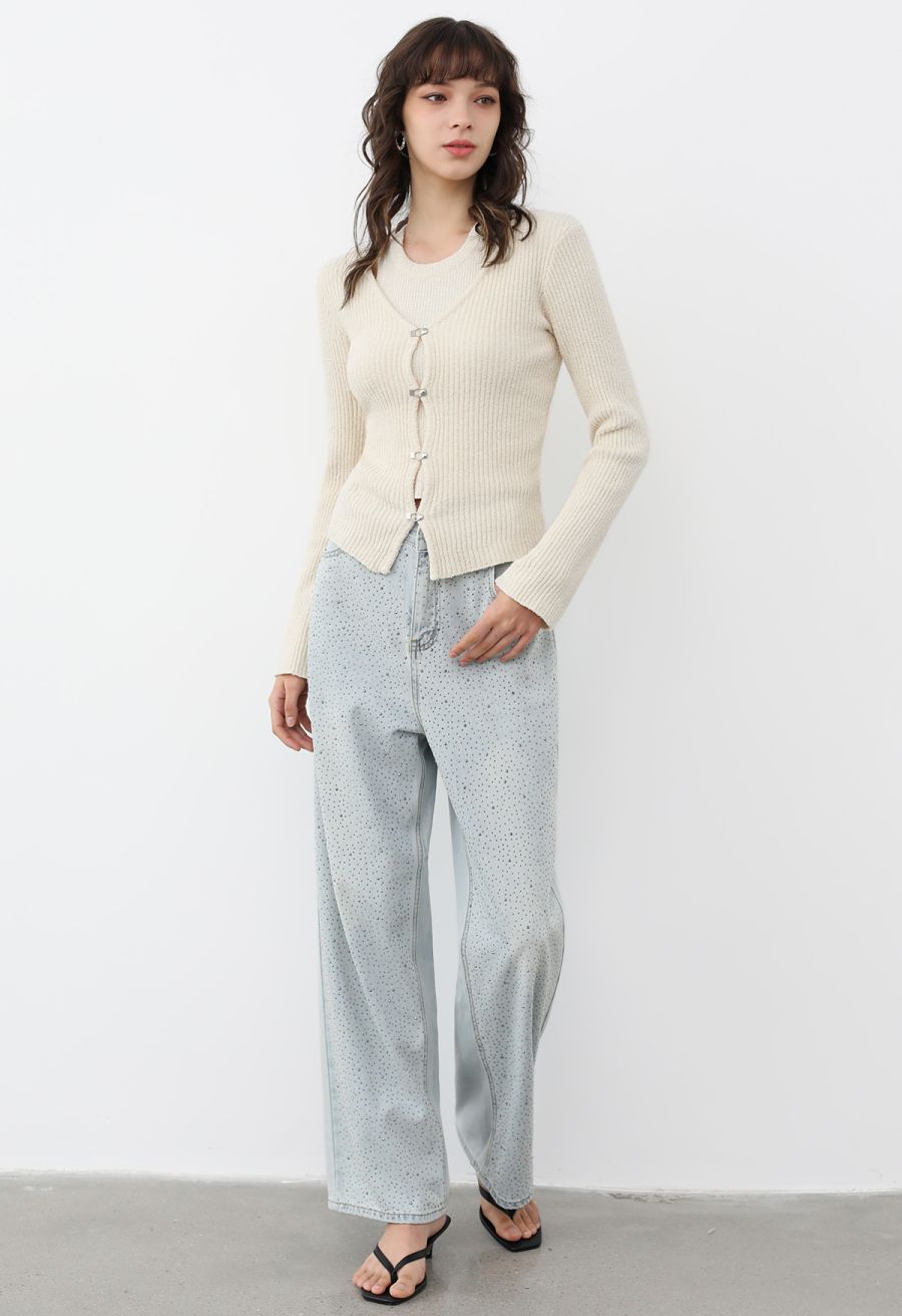 Hook Fastening Ribbed Knit Cardigan in Cream