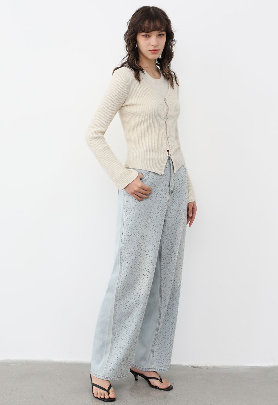 Hook Fastening Ribbed Knit Cardigan in Cream