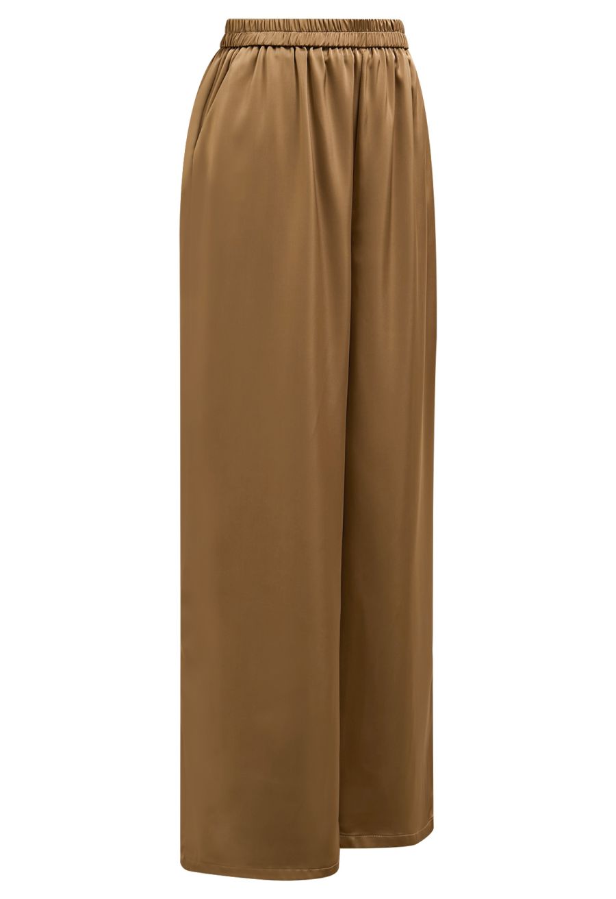 Satin Finish Pull-On Pants in Tan