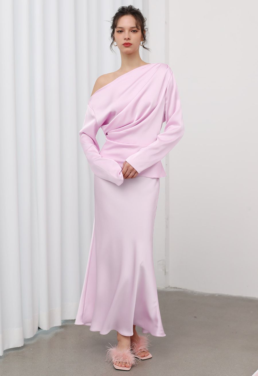 Satin Finish Mermaid Maxi Skirt in Pink