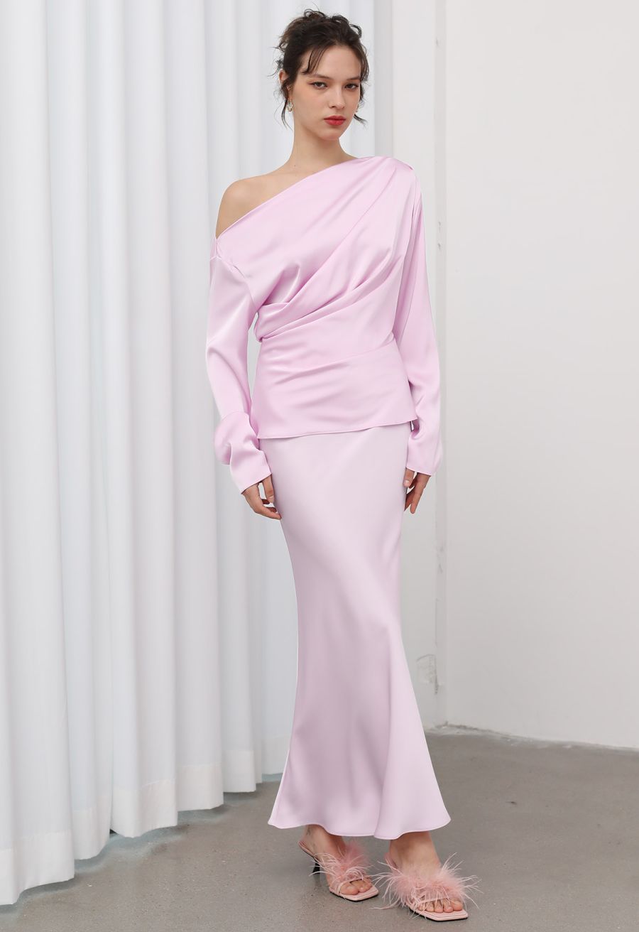 Satin Finish Mermaid Maxi Skirt in Pink