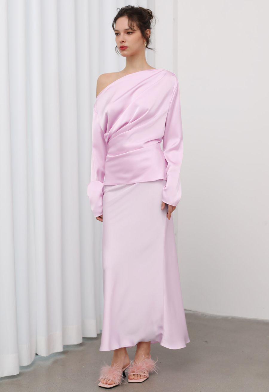Satin Finish Mermaid Maxi Skirt in Pink