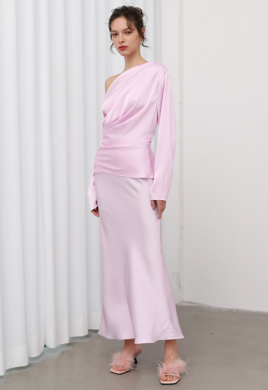 Satin Finish Mermaid Maxi Skirt in Pink