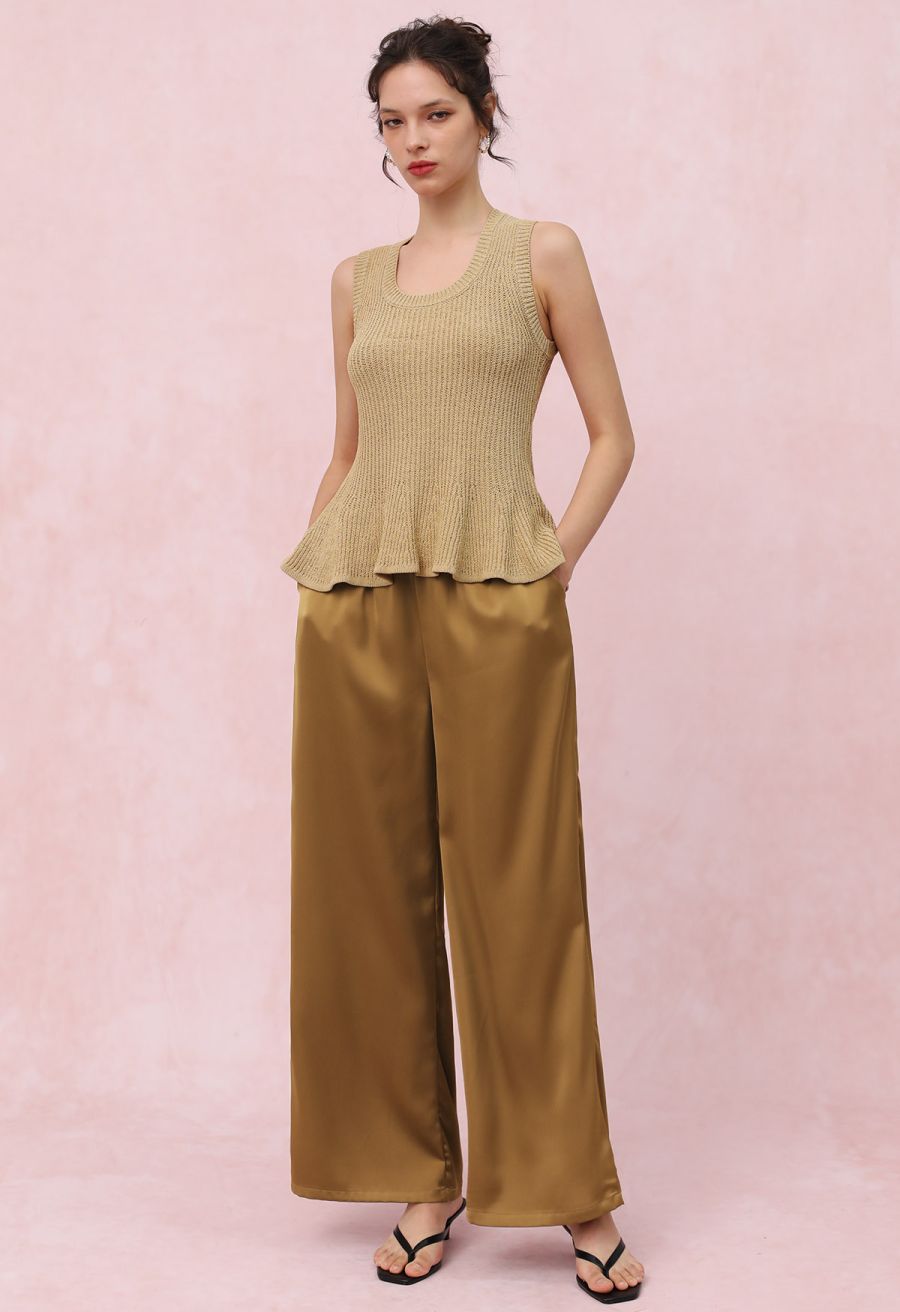 Satin Finish Pull-On Pants in Tan