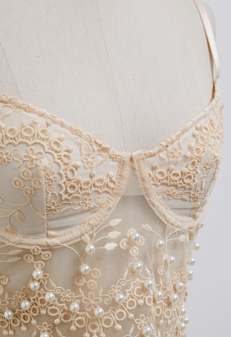 Pearl Floret Embroidered Mesh Bustier Top