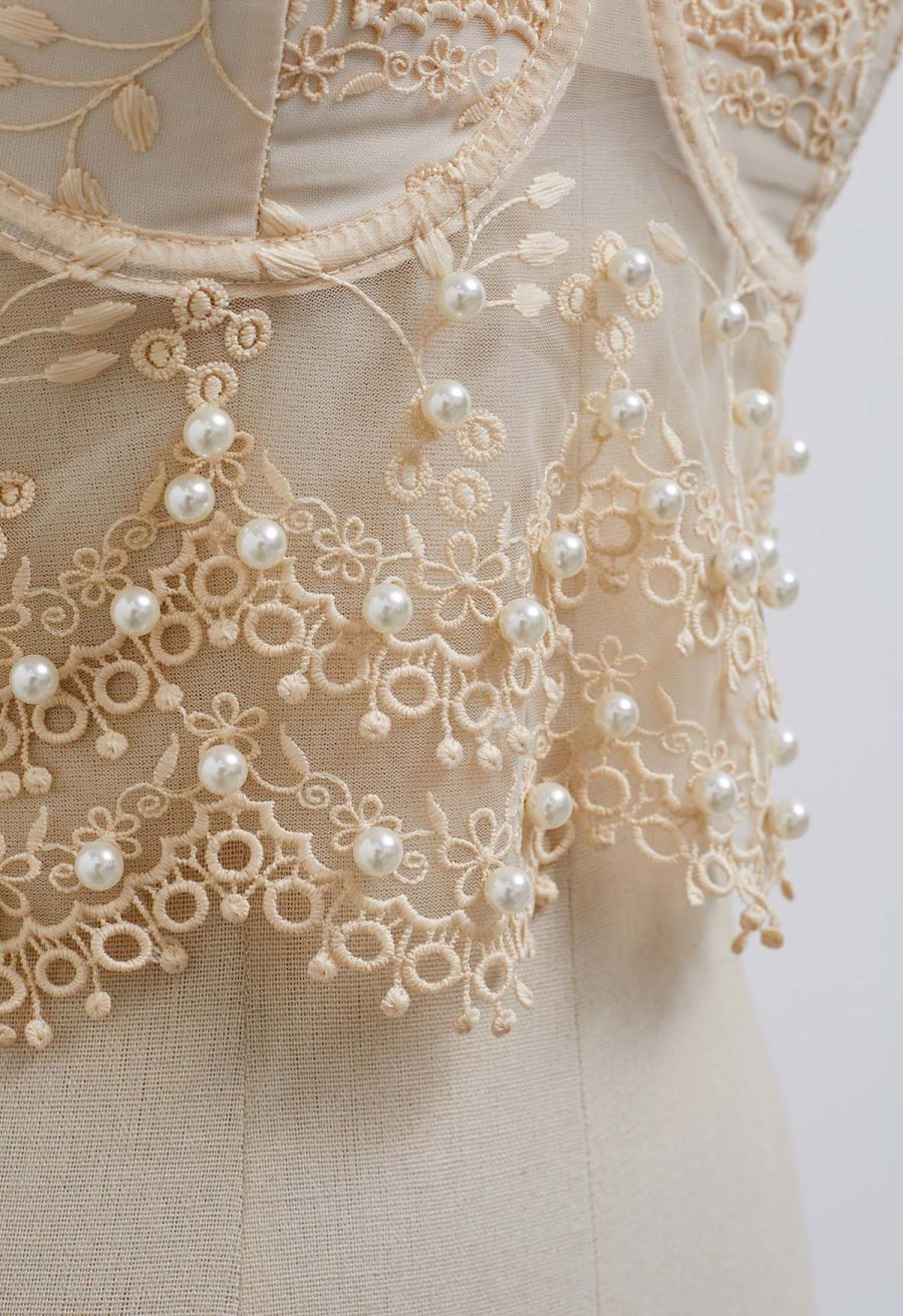 Pearl Floret Embroidered Mesh Bustier Top