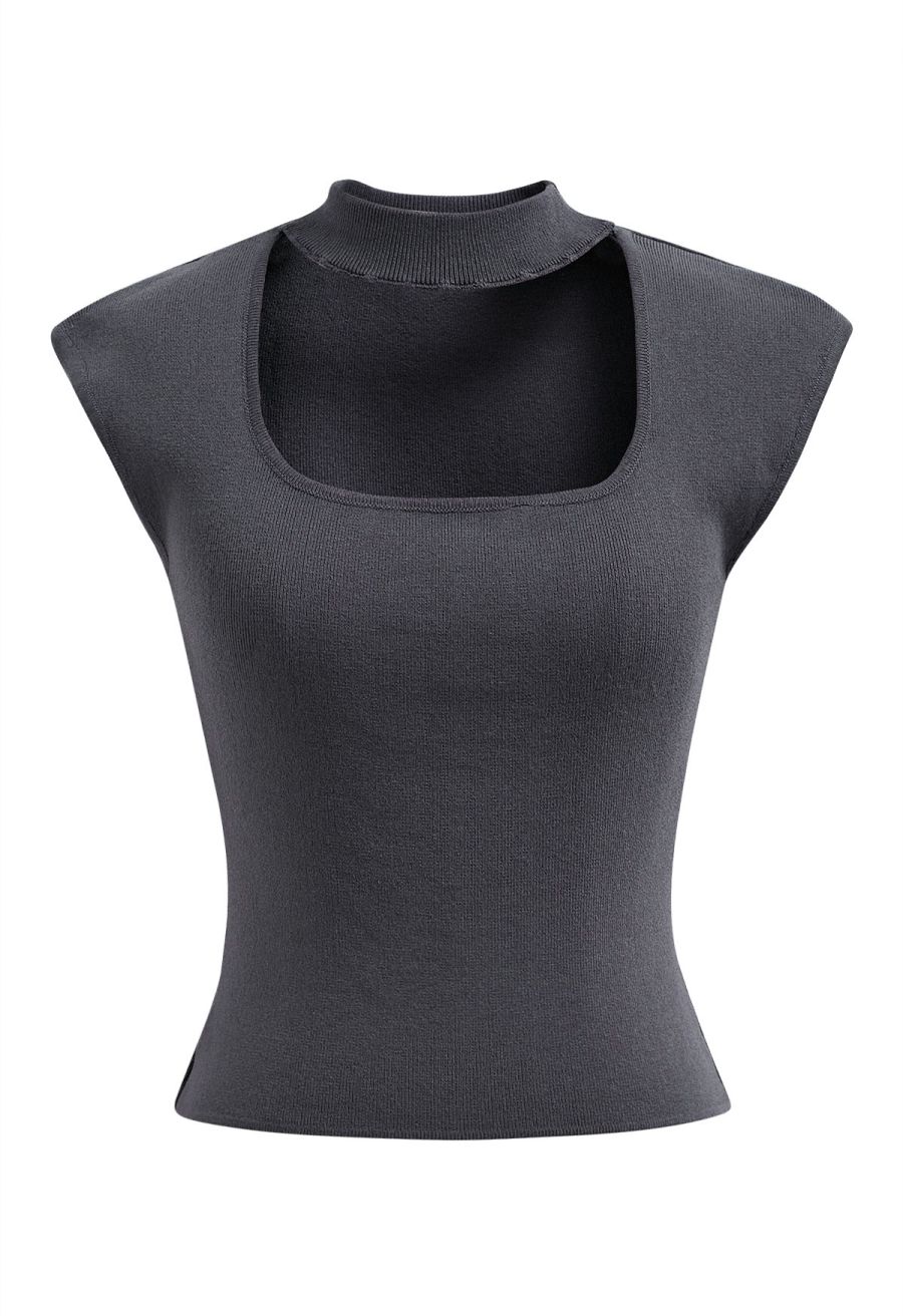 Choker Neck Cap Sleeve Knit Top in Smoke