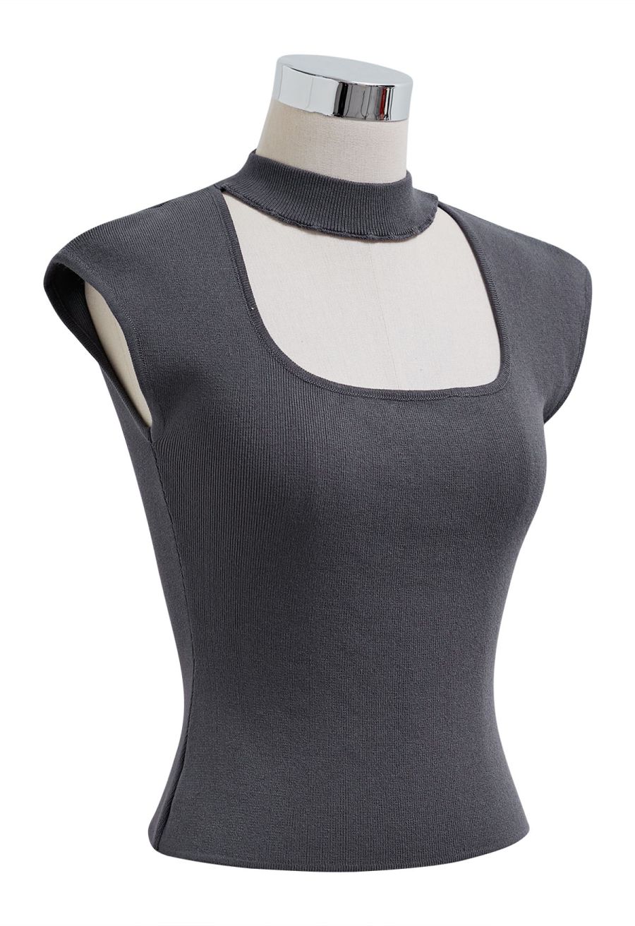 Choker Neck Cap Sleeve Knit Top in Smoke