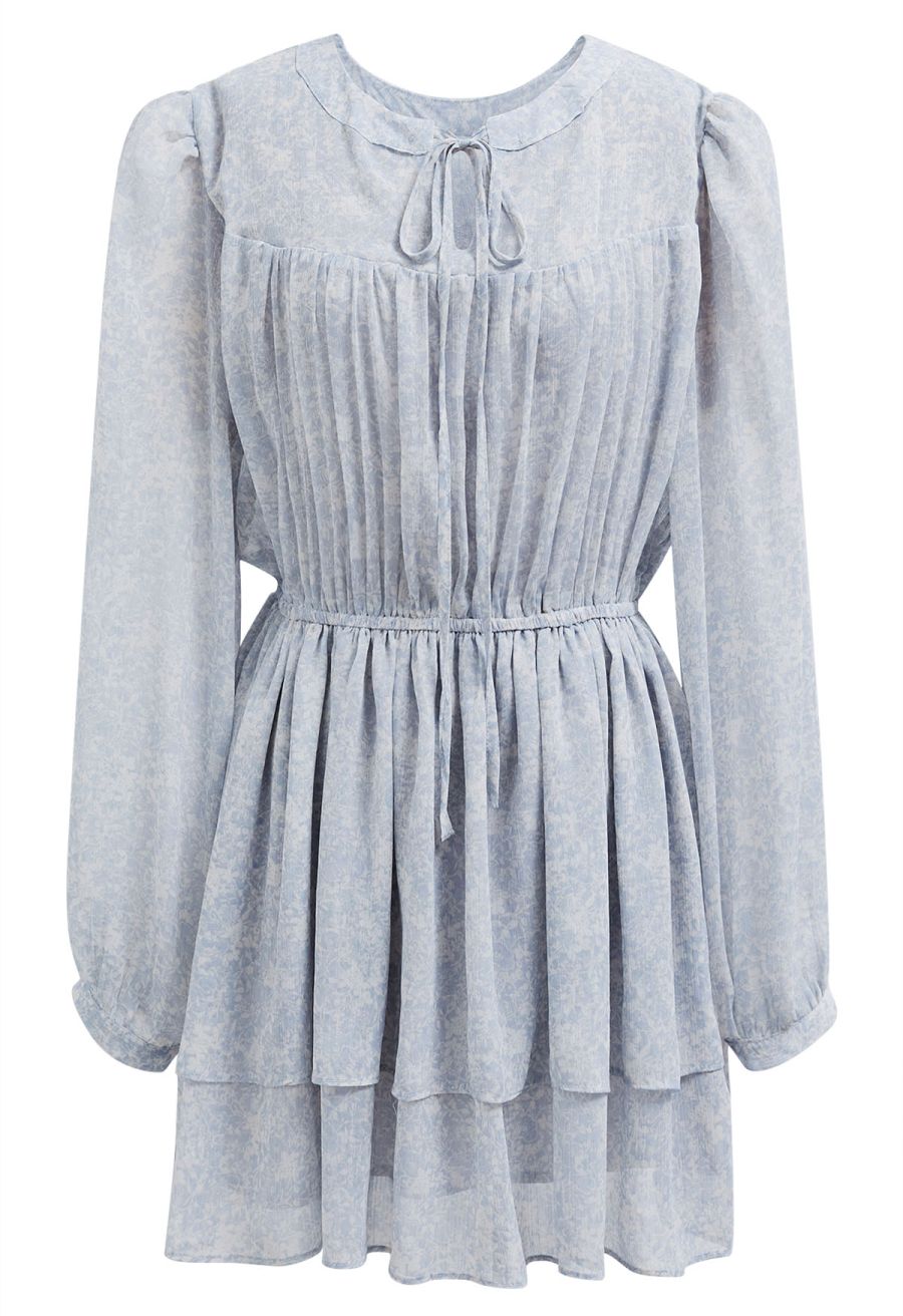 Tie-Neck Floret Tiered Skater Dress in Light Blue
