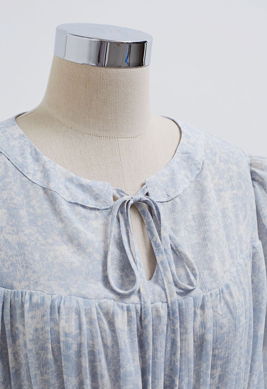 Tie-Neck Floret Tiered Skater Dress in Light Blue