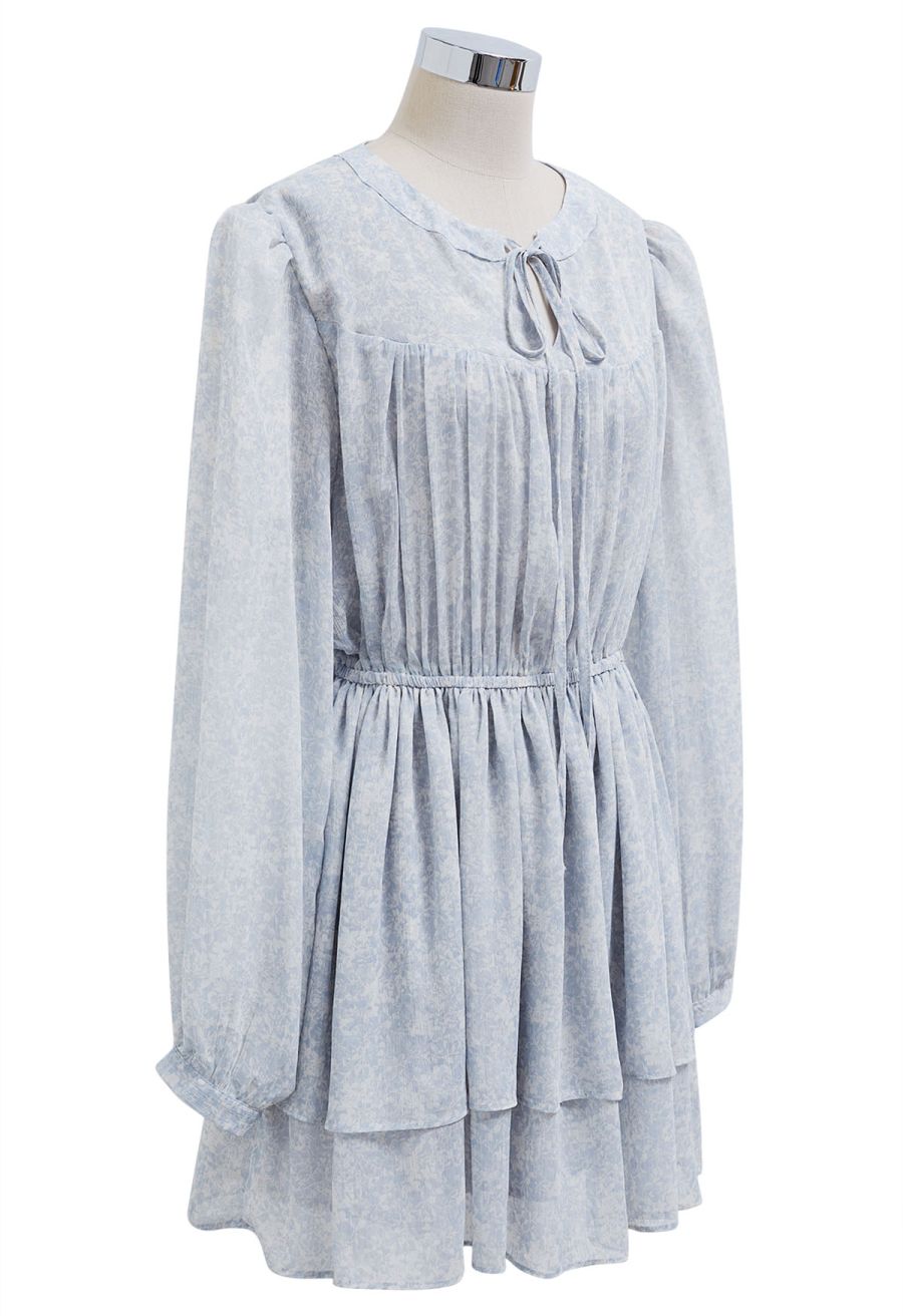 Tie-Neck Floret Tiered Skater Dress in Light Blue