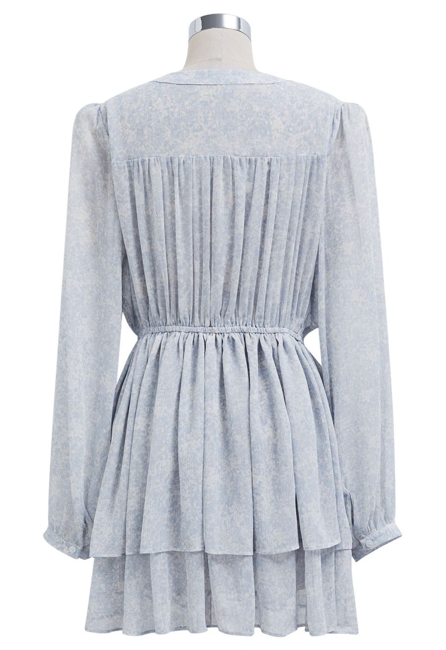 Tie-Neck Floret Tiered Skater Dress in Light Blue