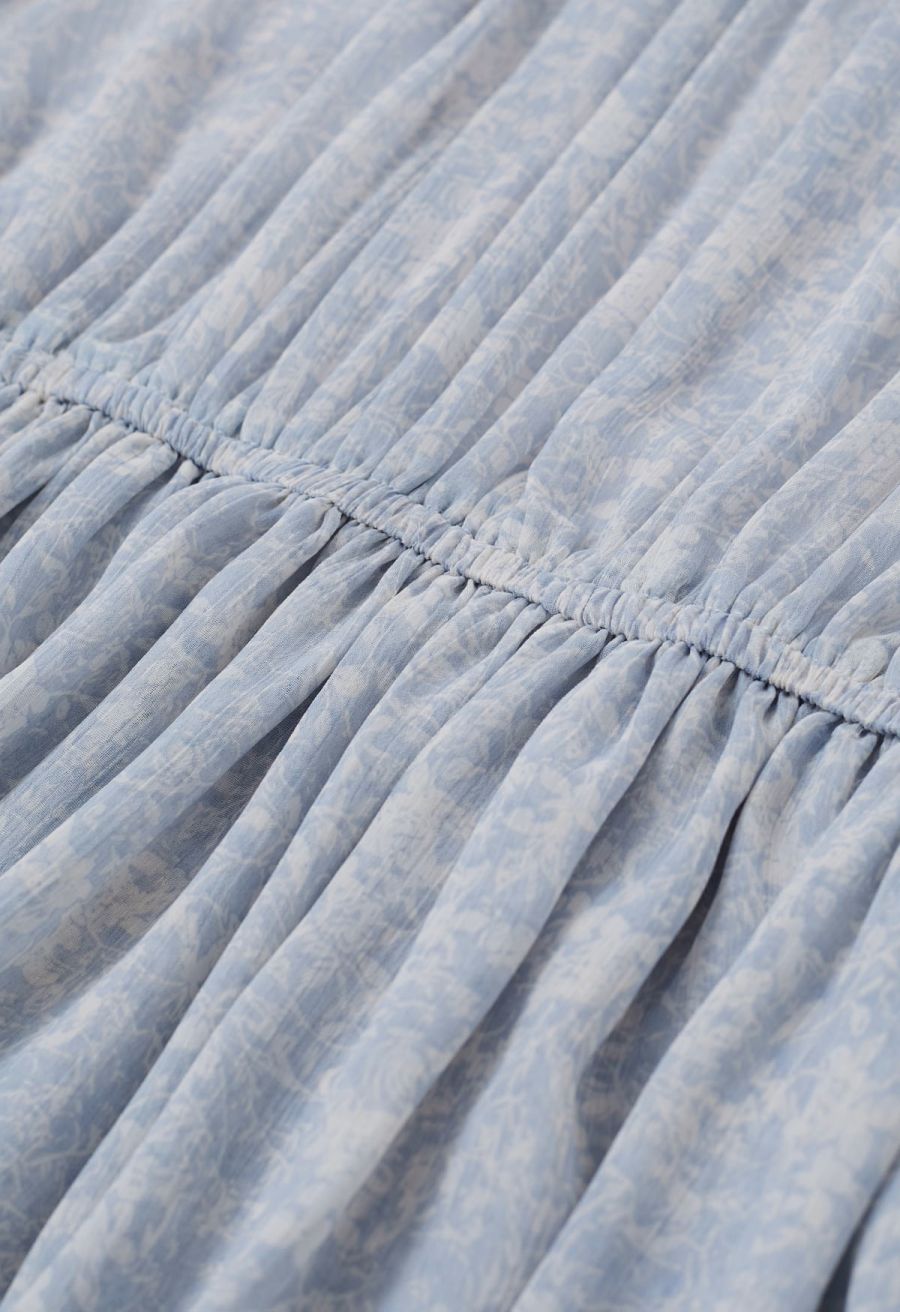 Tie-Neck Floret Tiered Skater Dress in Light Blue