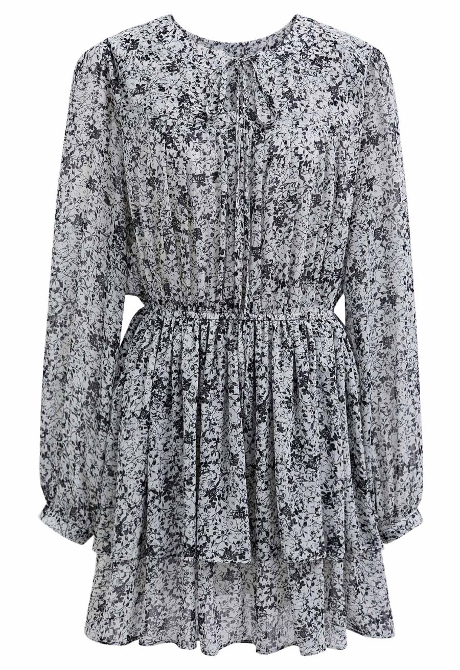 Tie-Neck Floret Tiered Skater Dress in Black
