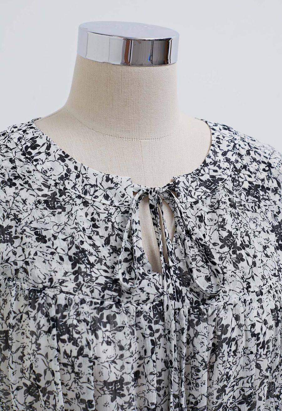 Tie-Neck Floret Tiered Skater Dress in Black