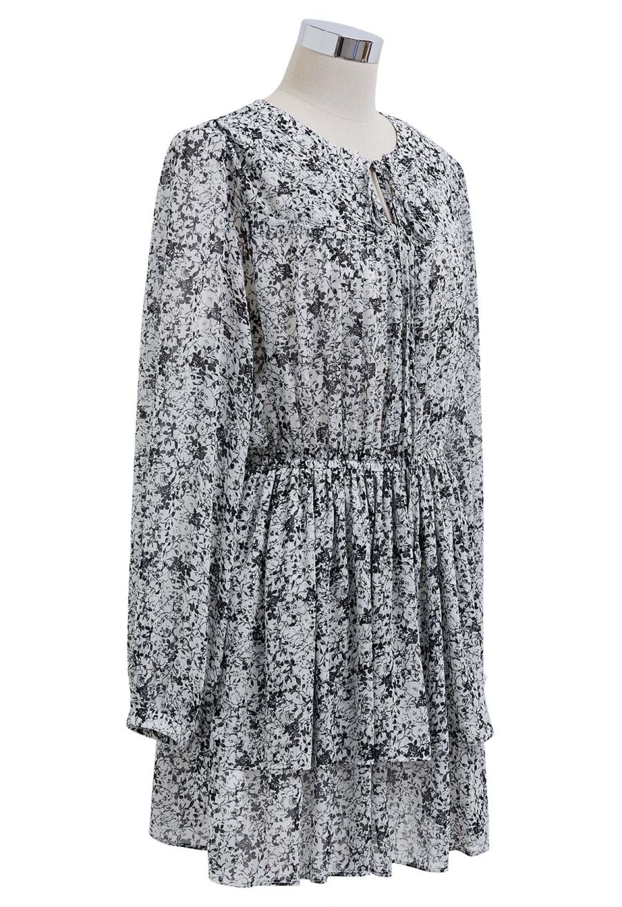 Tie-Neck Floret Tiered Skater Dress in Black