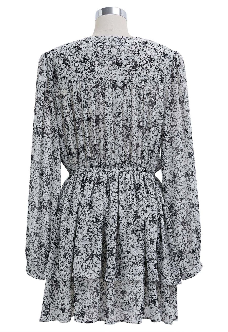 Tie-Neck Floret Tiered Skater Dress in Black