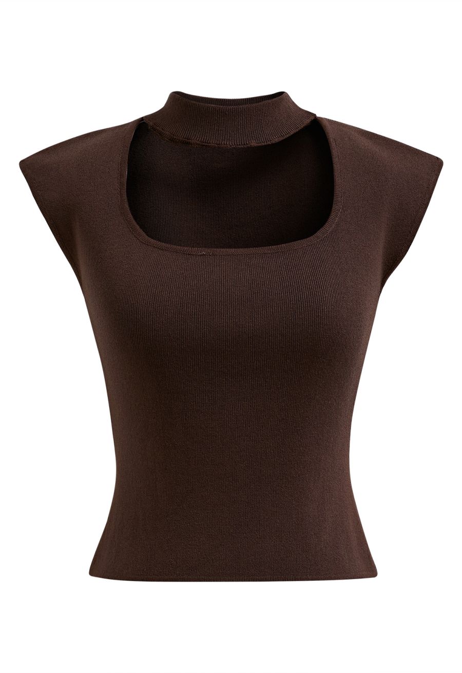 Choker Neck Cap Sleeve Knit Top in Brown