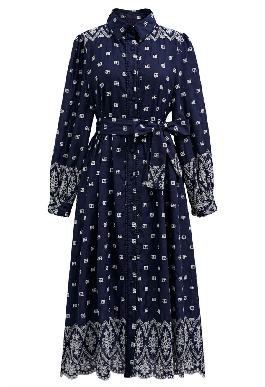 Tie-Waist Eyelet Embroidered Cotton Shirt Dress in Navy