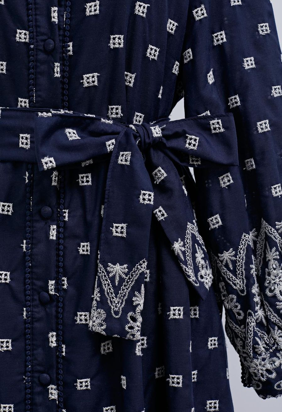 Tie-Waist Eyelet Embroidered Cotton Shirt Dress in Navy