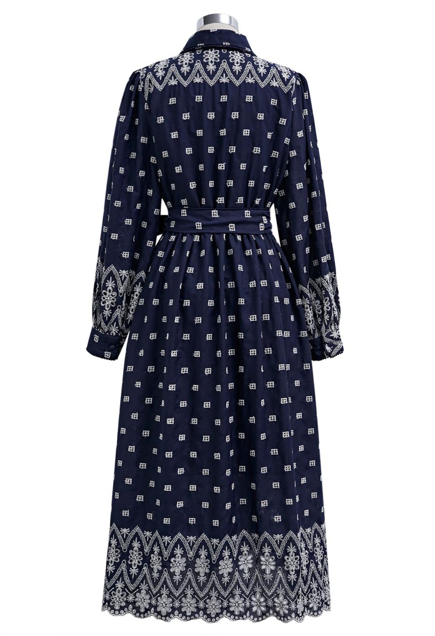 Tie-Waist Eyelet Embroidered Cotton Shirt Dress in Navy