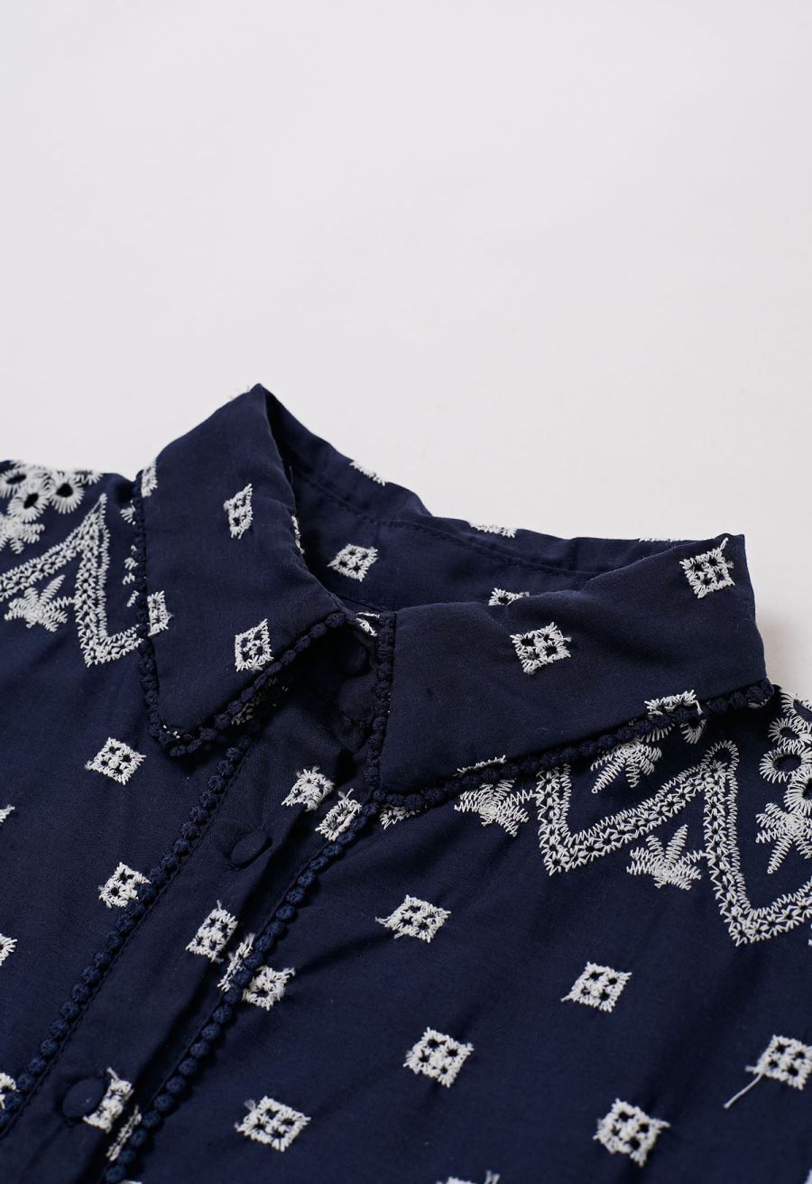 Tie-Waist Eyelet Embroidered Cotton Shirt Dress in Navy