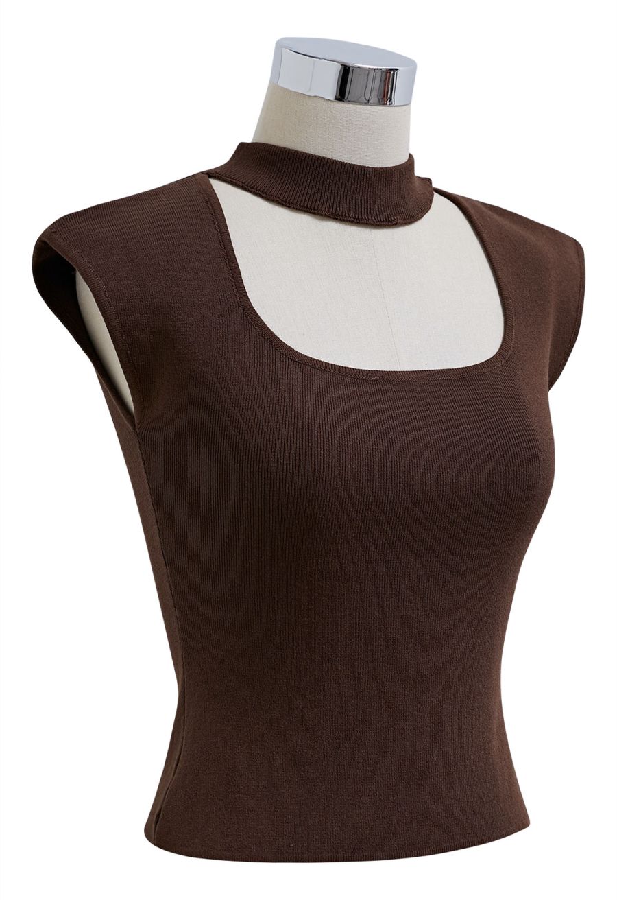 Choker Neck Cap Sleeve Knit Top in Brown