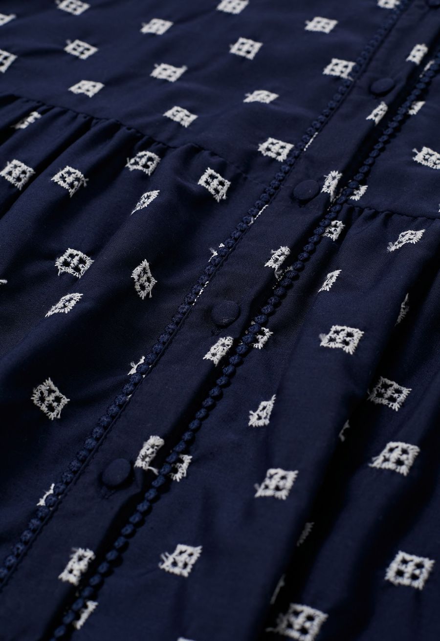 Tie-Waist Eyelet Embroidered Cotton Shirt Dress in Navy