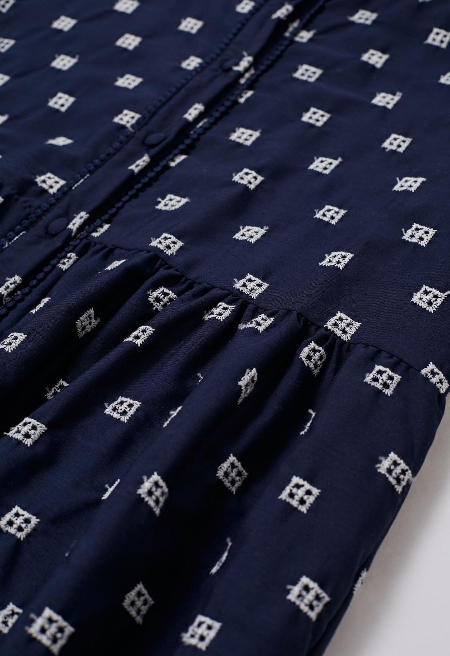 Tie-Waist Eyelet Embroidered Cotton Shirt Dress in Navy