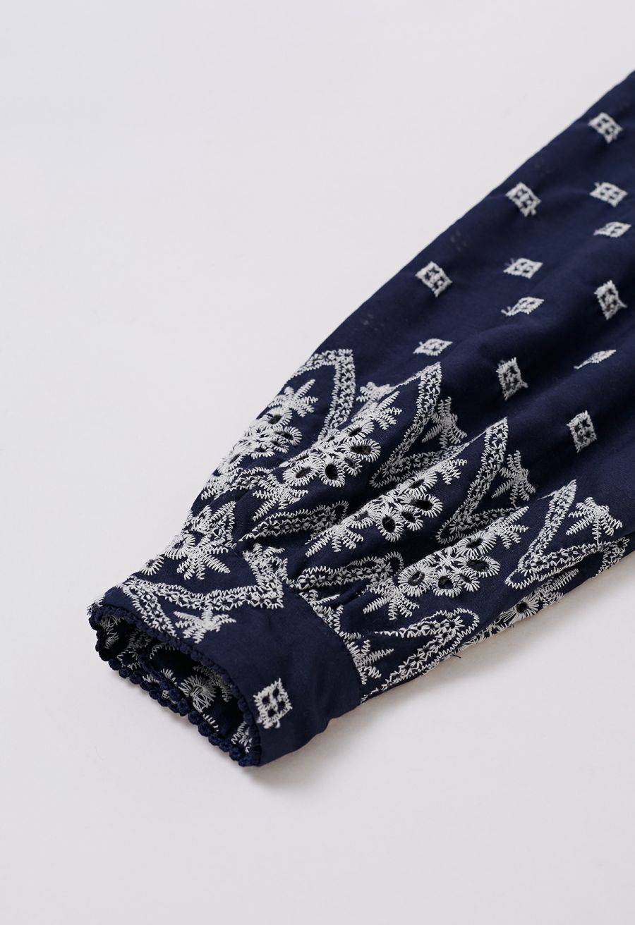 Tie-Waist Eyelet Embroidered Cotton Shirt Dress in Navy