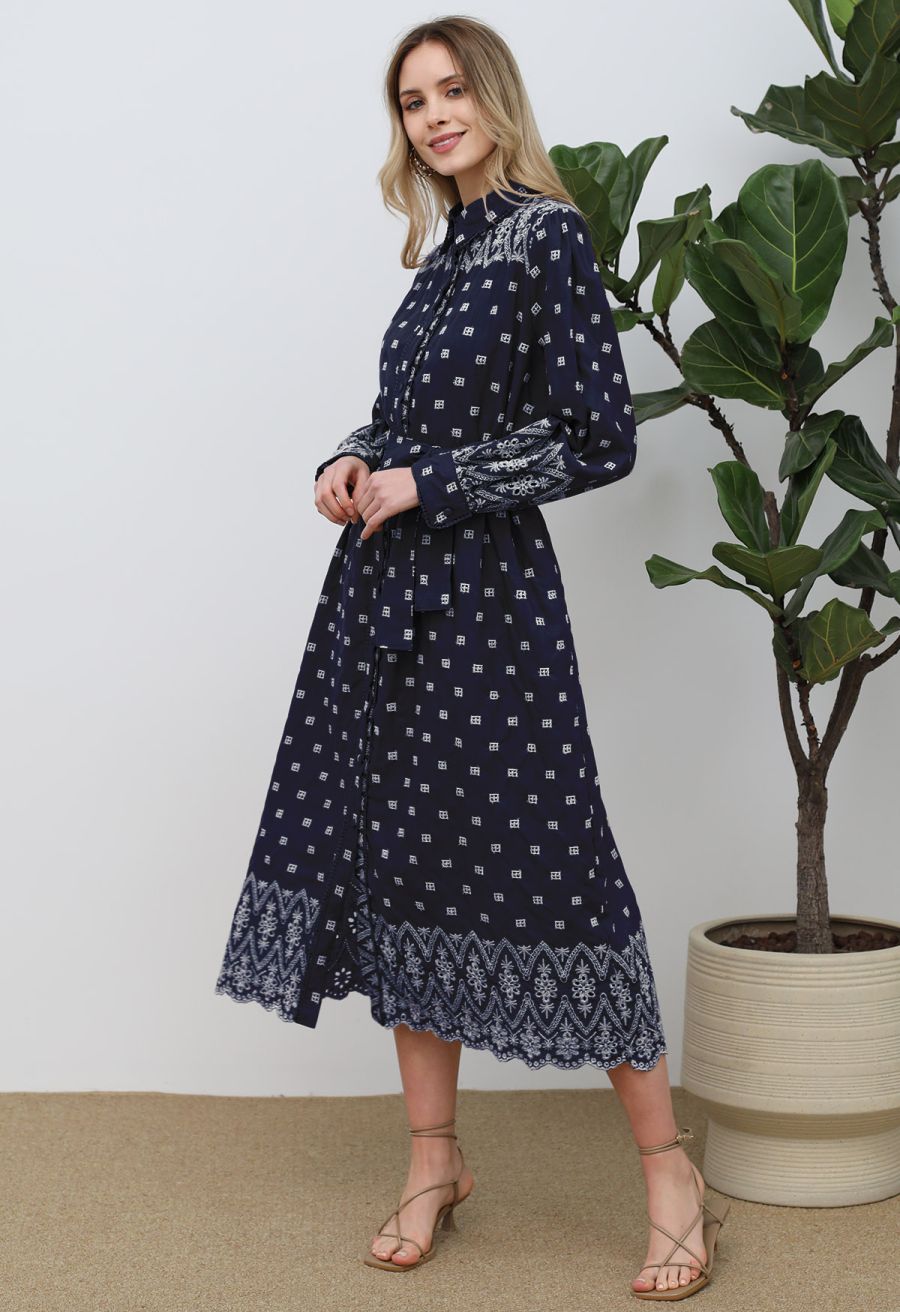 Tie-Waist Eyelet Embroidered Cotton Shirt Dress in Navy