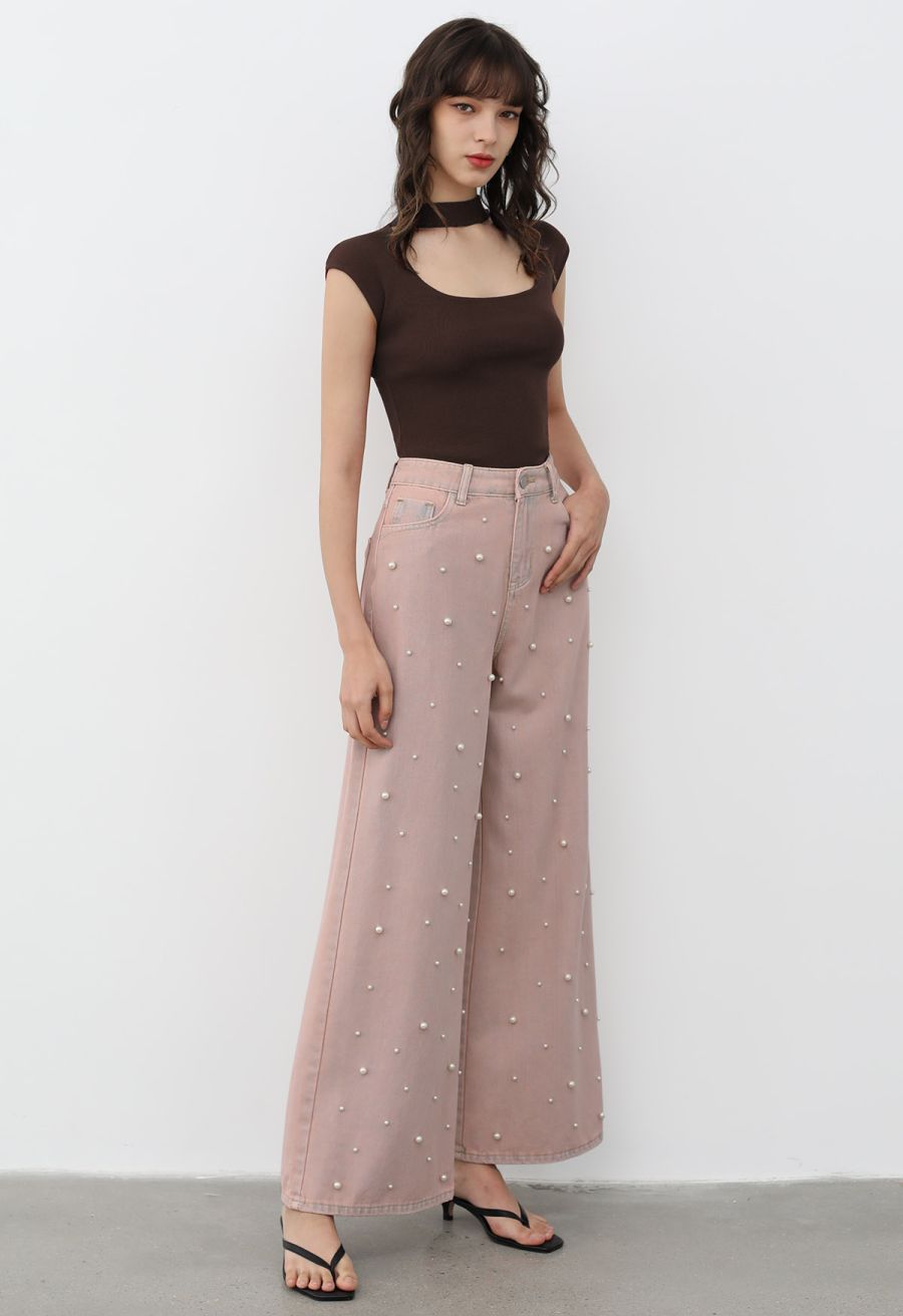 Choker Neck Cap Sleeve Knit Top in Brown