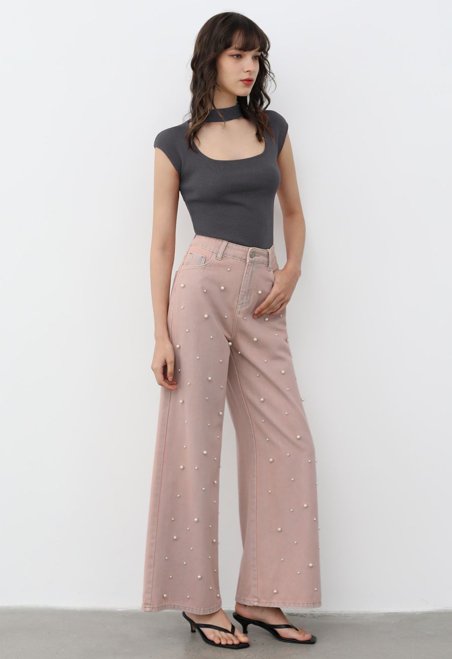 Choker Neck Cap Sleeve Knit Top in Smoke