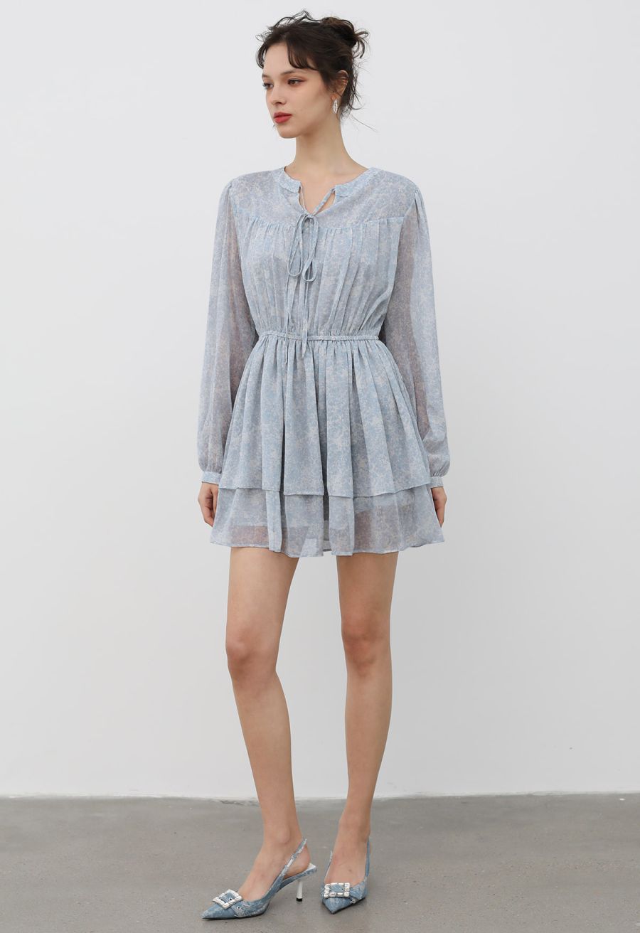 Tie-Neck Floret Tiered Skater Dress in Light Blue