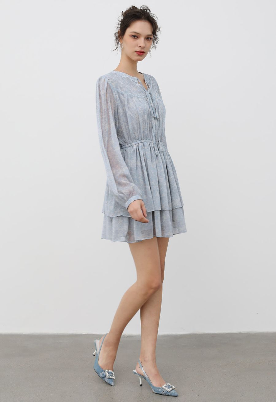 Tie-Neck Floret Tiered Skater Dress in Light Blue