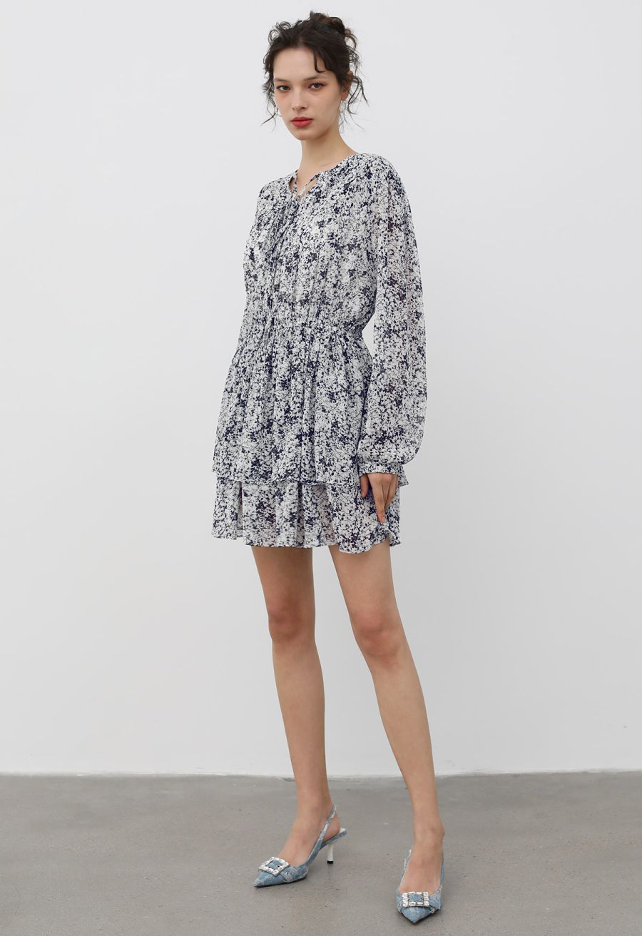 Tie-Neck Floret Tiered Skater Dress in Black