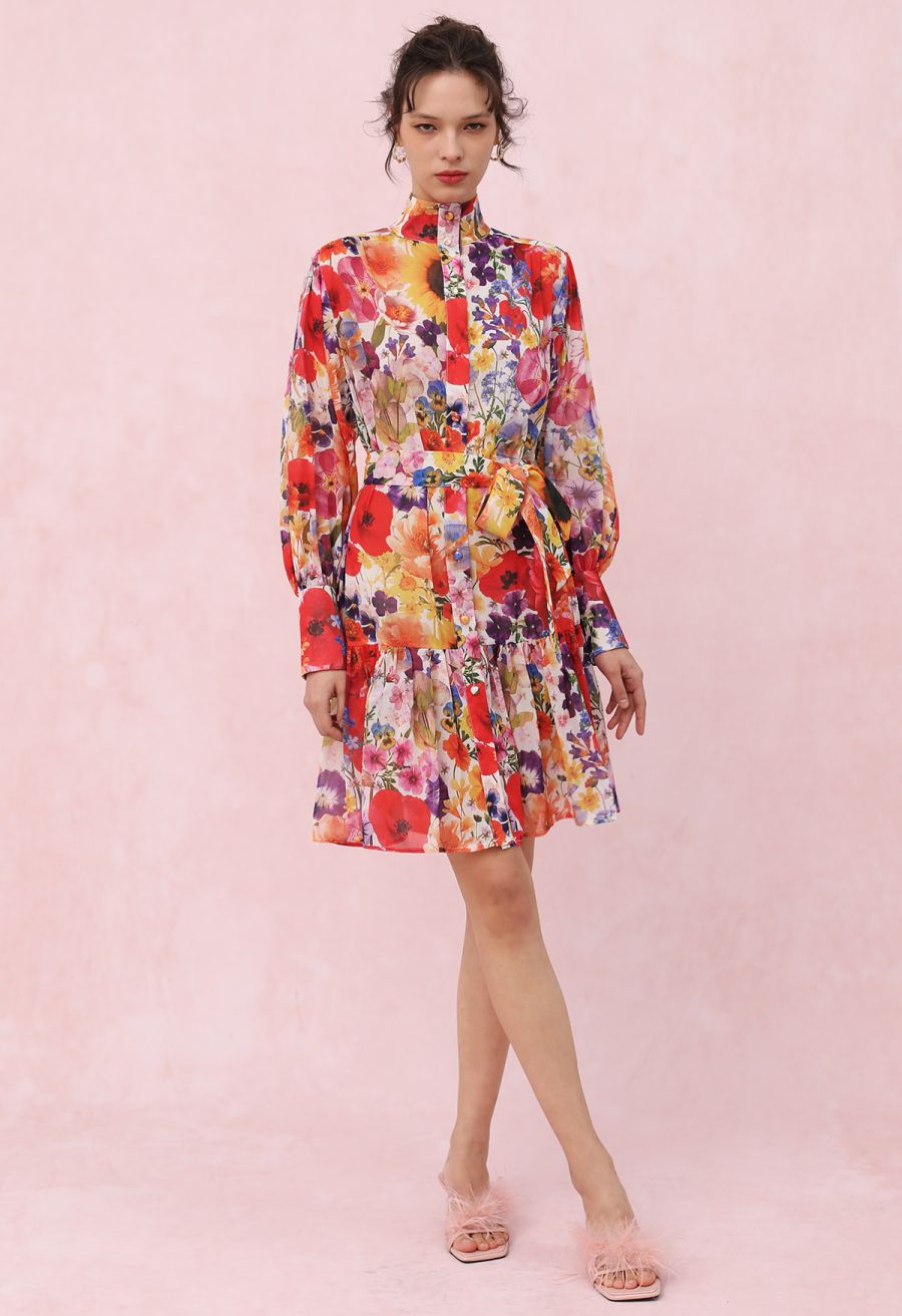 Garden Symphony Tie Waist Chiffon Dress