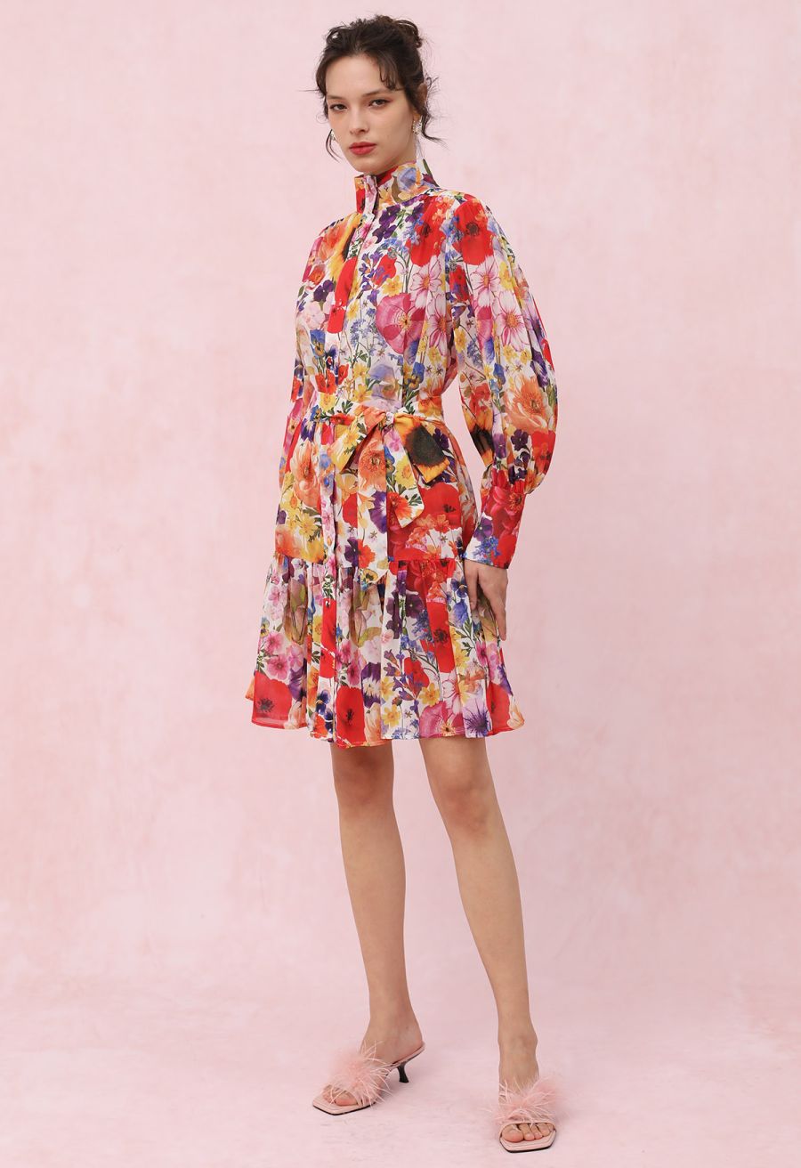 Garden Symphony Tie Waist Chiffon Dress