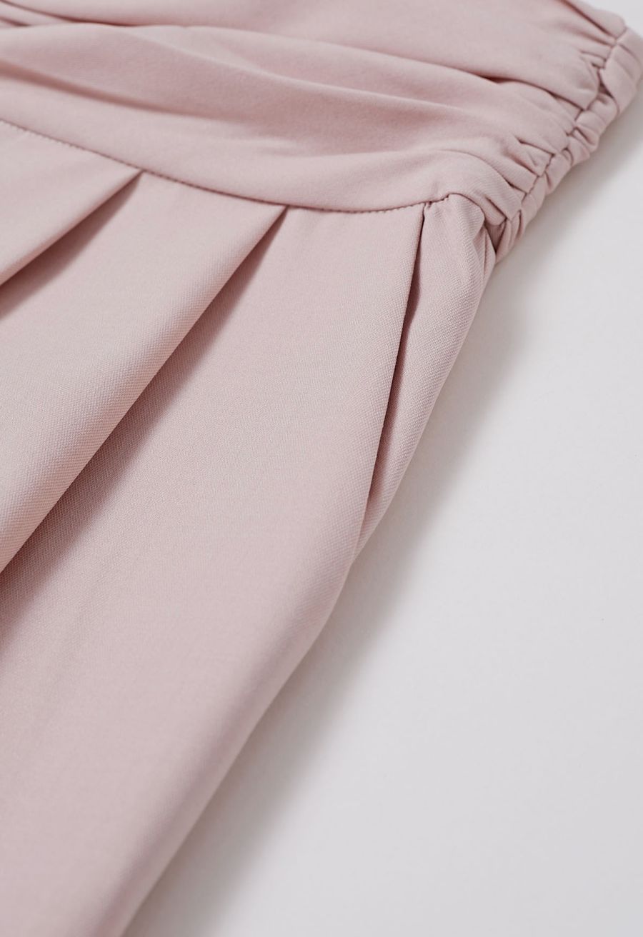Ruched High Waist Pleated Wide-Leg Pants in Pink