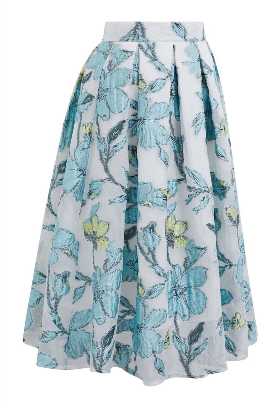 Springtime Floral Jacquard Pleated Midi Skirt in Blue