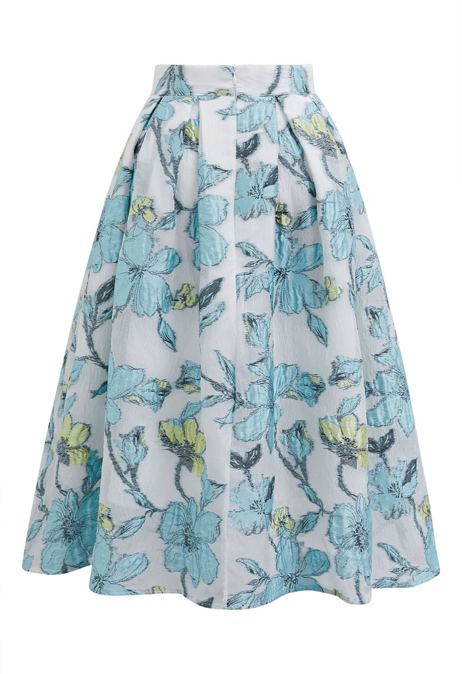 Springtime Floral Jacquard Pleated Midi Skirt in Blue