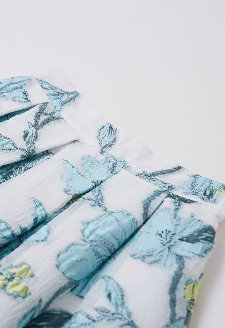 Springtime Floral Jacquard Pleated Midi Skirt in Blue