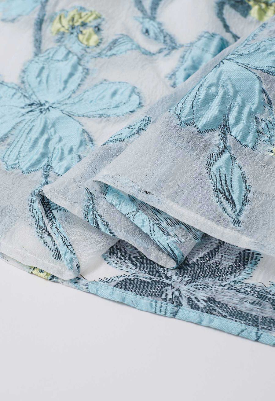 Springtime Floral Jacquard Pleated Midi Skirt in Blue