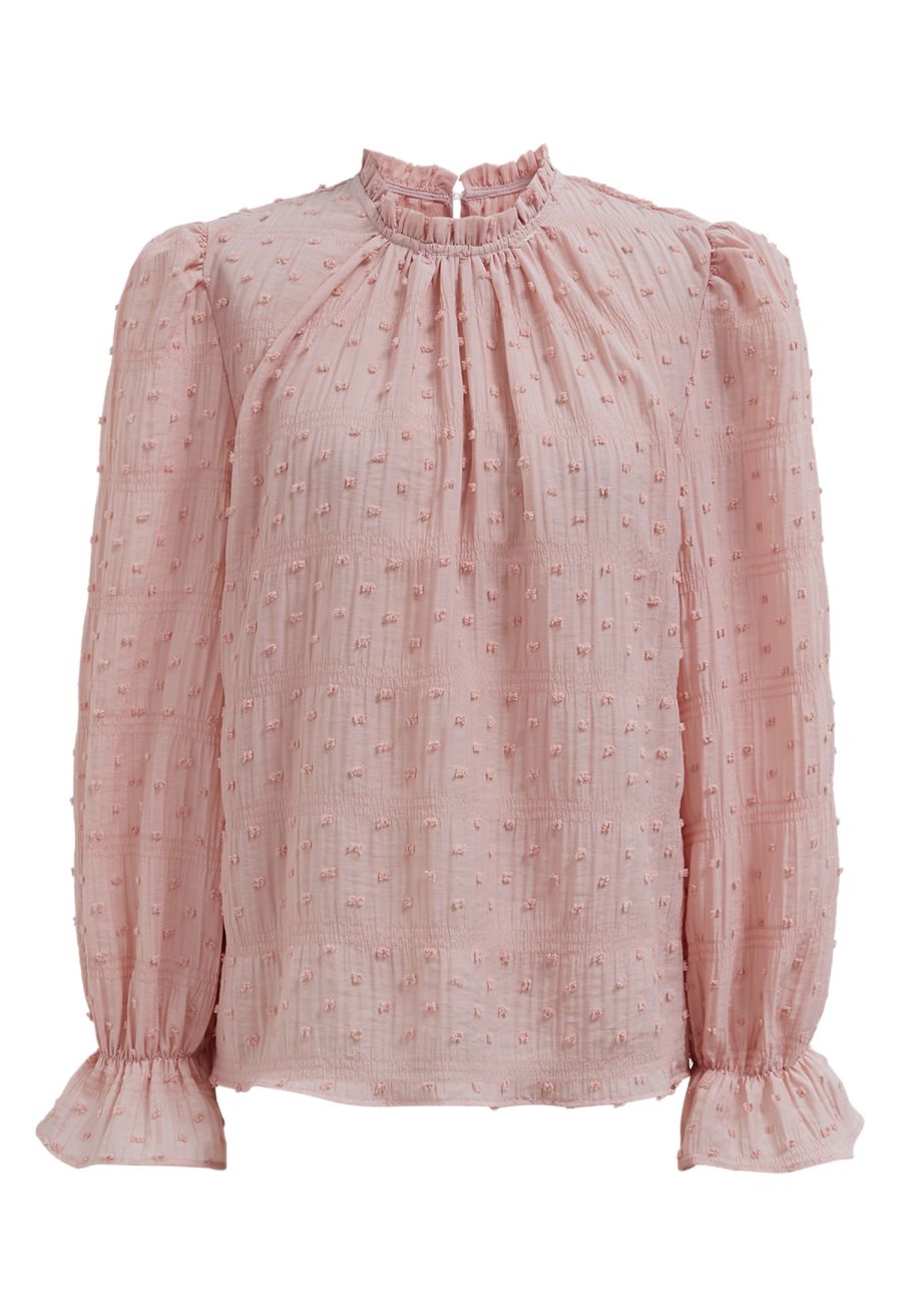 Flock Dot Trim Puff Sleeves Top in Peach