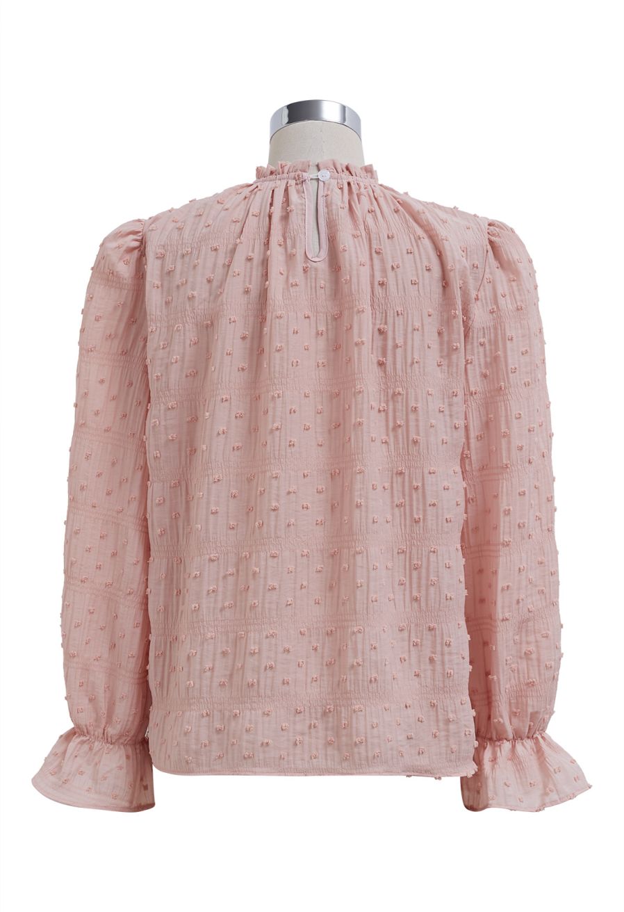 Flock Dot Trim Puff Sleeves Top in Peach