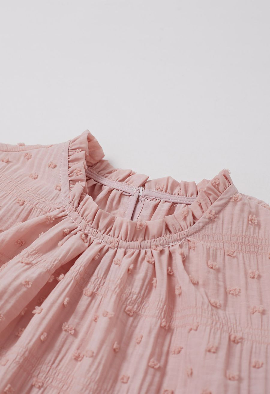 Flock Dot Trim Puff Sleeves Top in Peach